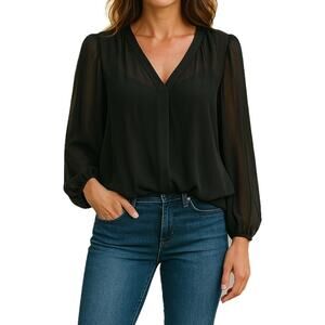 Sheer Black Blouse L Office Siren Whimsigoth Fairy Goth Witchy Long‎ Sleeve NWT